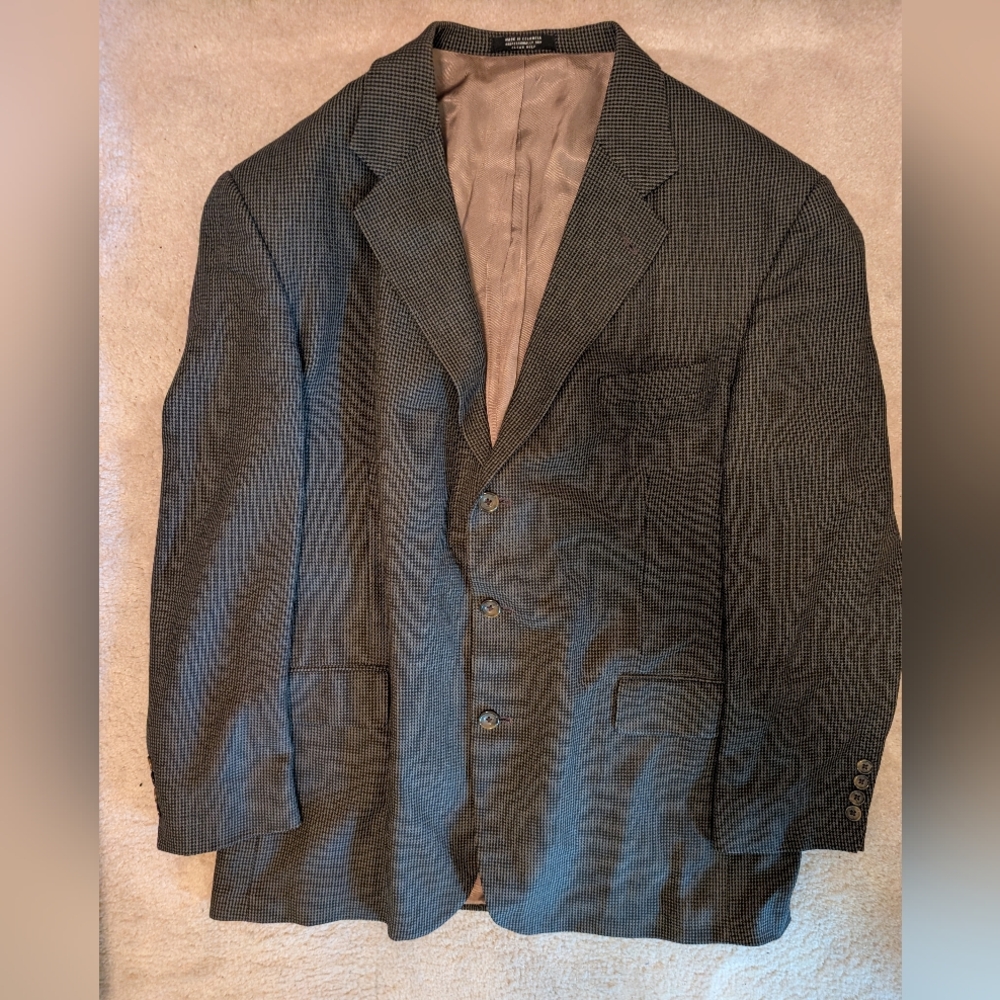 Oscar de la Renta Jacket Brown Navy Houndstooth 100% Wool Blazer Suit Jacket 46R